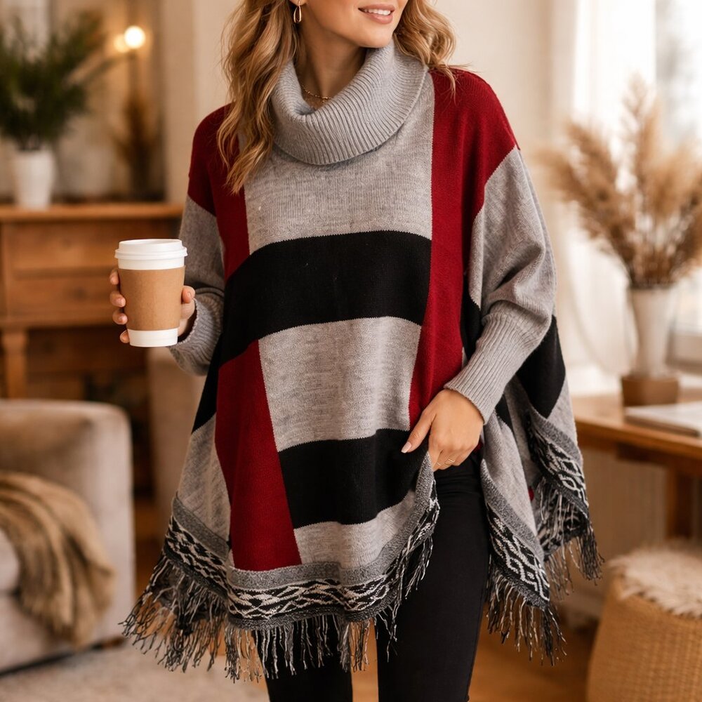Ritza Color Block Poncho Sweater Turtleneck Tassel Hem Cozy Layer Southwestern